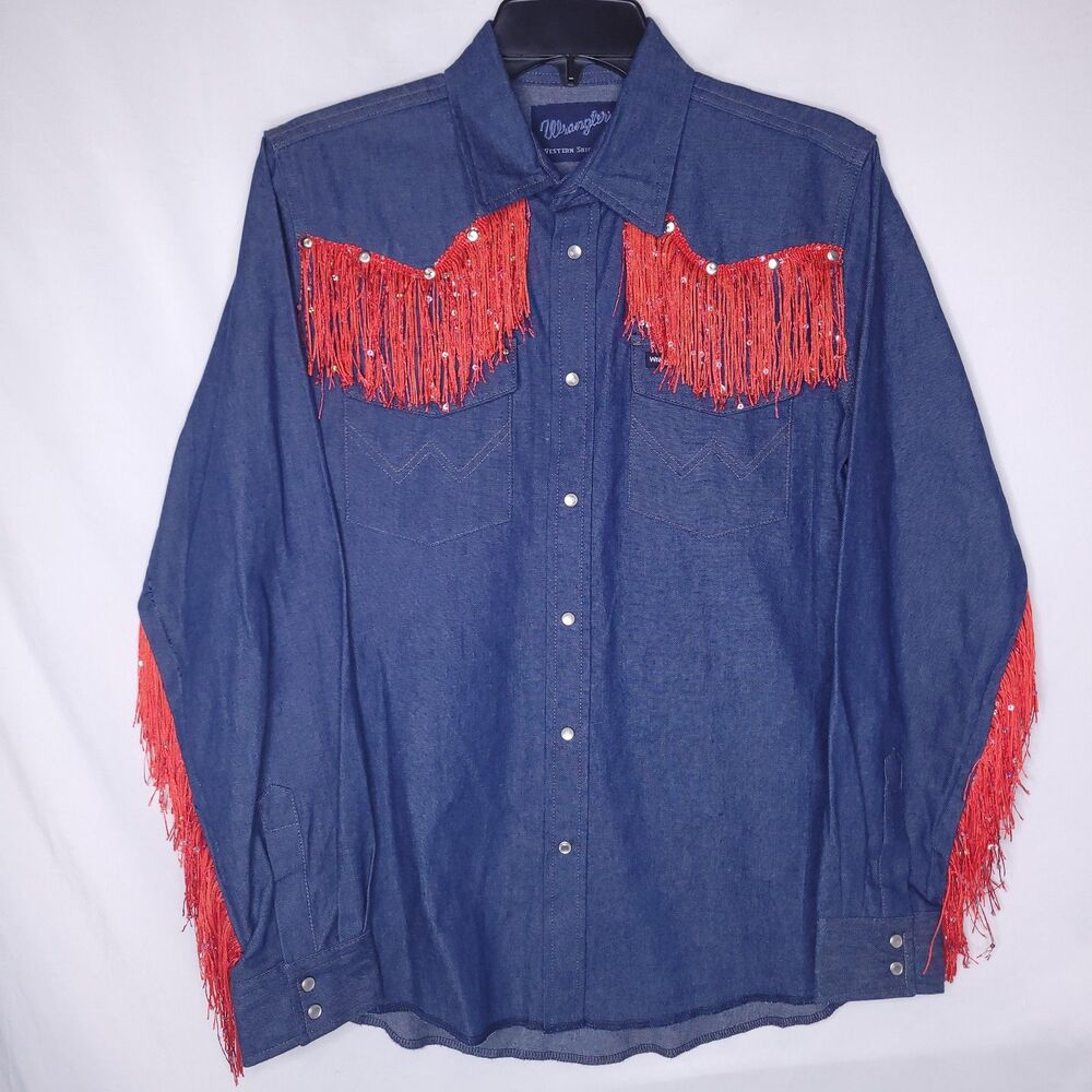 Wrangler Denim Shirt Womens XL Fringe Sequin Pearl Snap Vintage